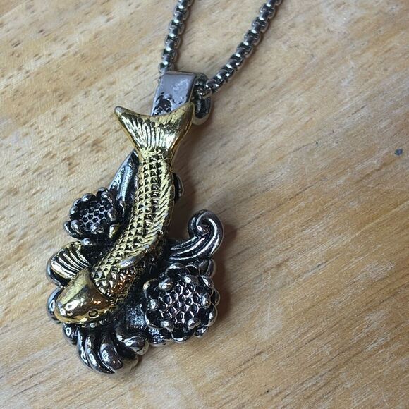Mixed Metal Tone Koi Fish Pendant with silver tone chain 22” necklace - Picture 1 of 6